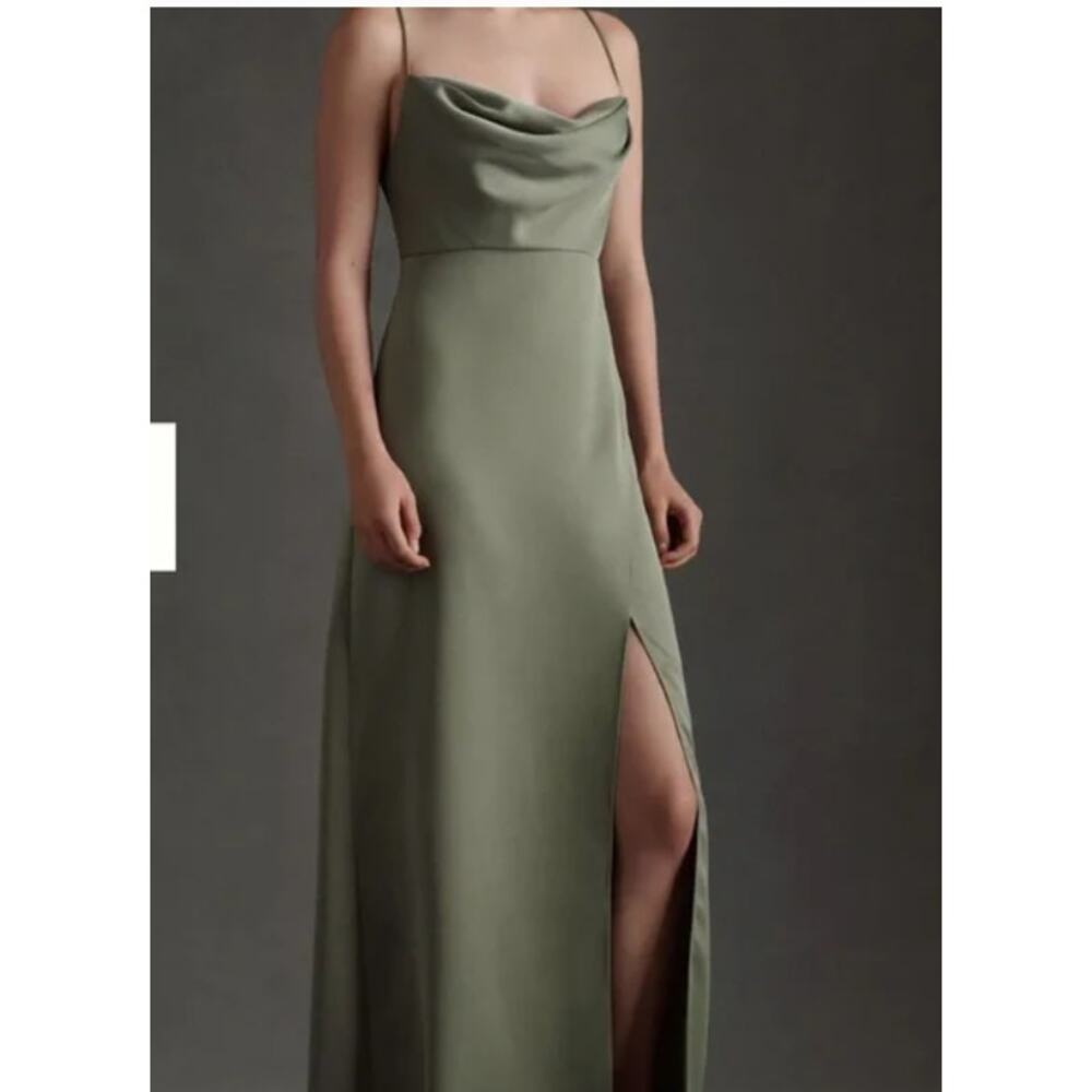 BHLDN Dress‎ Womens Size 16 Remy Cowl Neck Faux Wrap Satin Gown Moss Green Slit